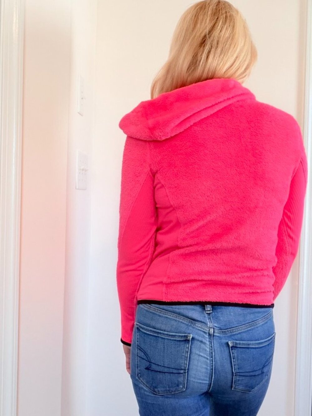 Neon Pink Sherpa Fleece Zip Hoodie Jacket Y2K Athleisure Cozy XS - Picture 2 of 12